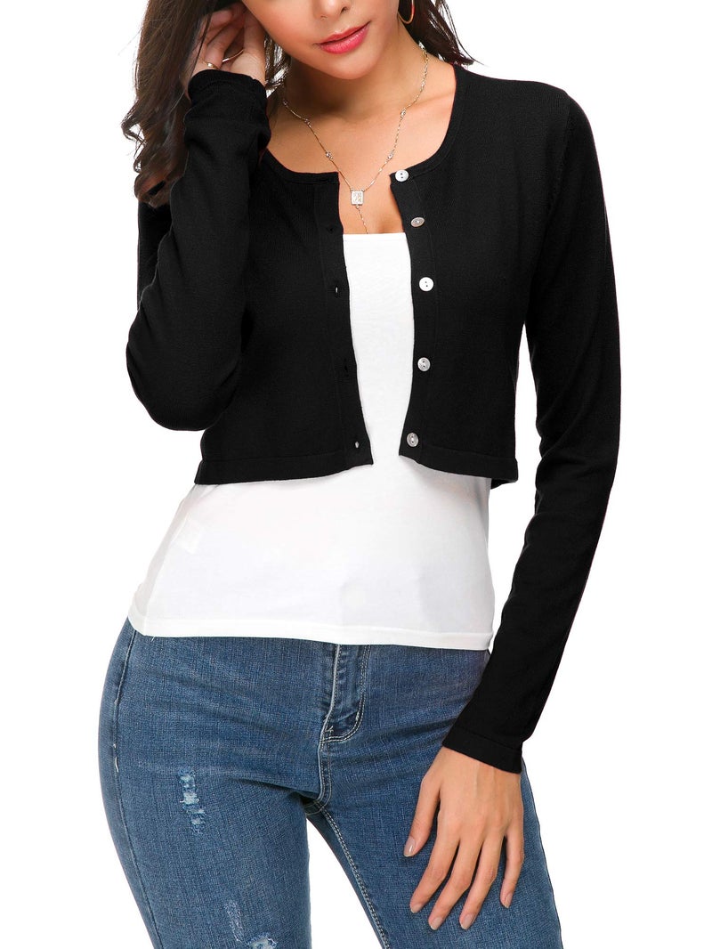 EXCHIC Women's Cropped Knit Cardigan Sweater Long Sleeve Button Down Open Front Bolero Shrug for Spring and Fall (L, Black) - Image 4